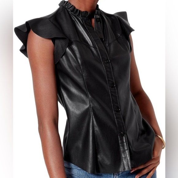Joie Tops - New Joie Orien Black Vegan Leather Flutter Sleeve Top in Black Size XS